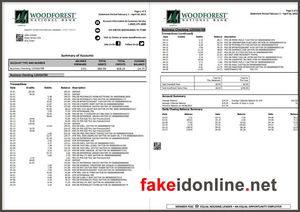 Woodforest Editable Word Bank Statement